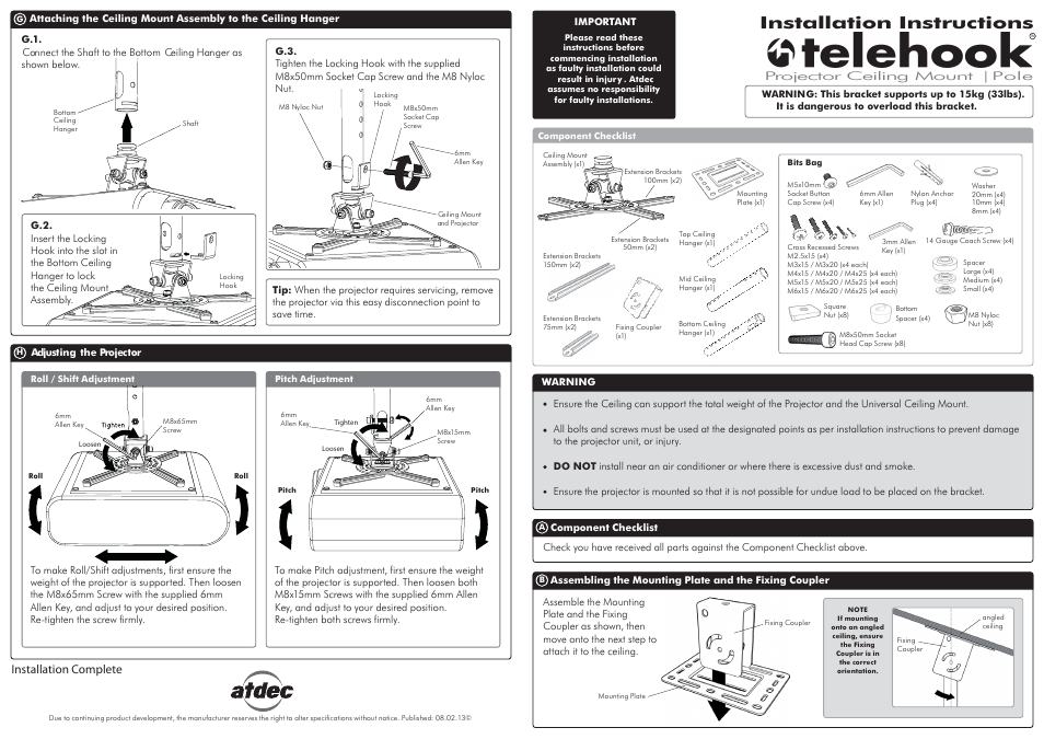 Atdec Telehook TH-WH-PJ-CM Installation manual User Manual | 2 pages