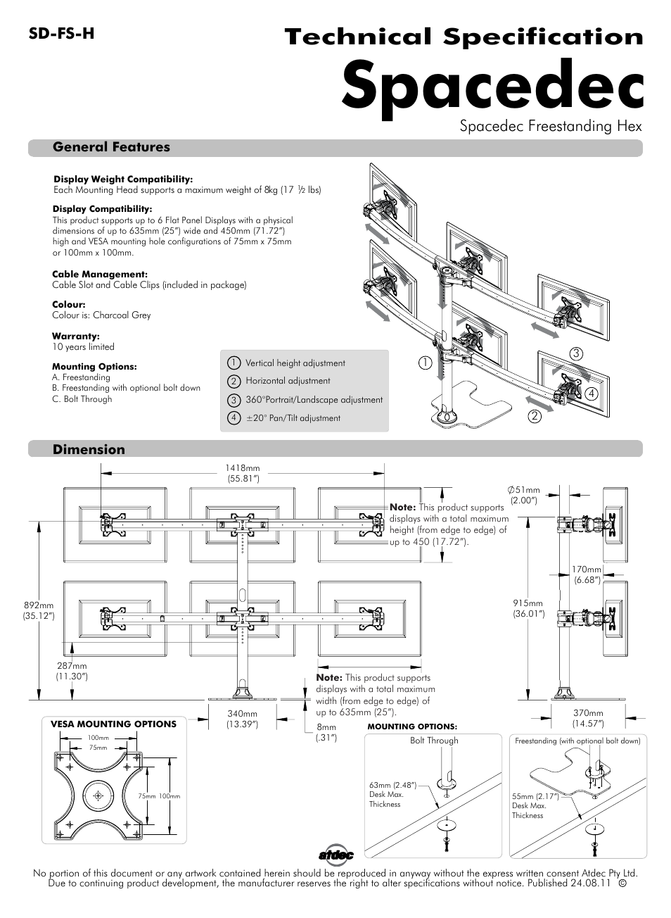 Atdec Spacedec SD-FS-H Technical specs User Manual | 1 page