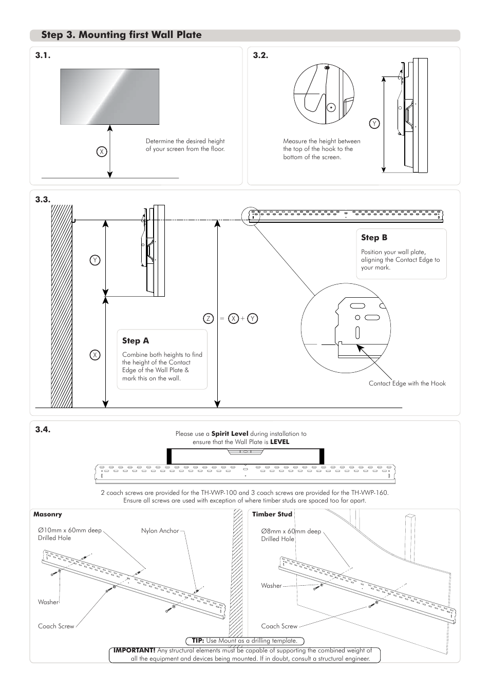 Th-vw installs_2, Step 3. mounting first wall plate | Atdec Telehook TH-VWV Installation manual User Manual | Page 2 / 4