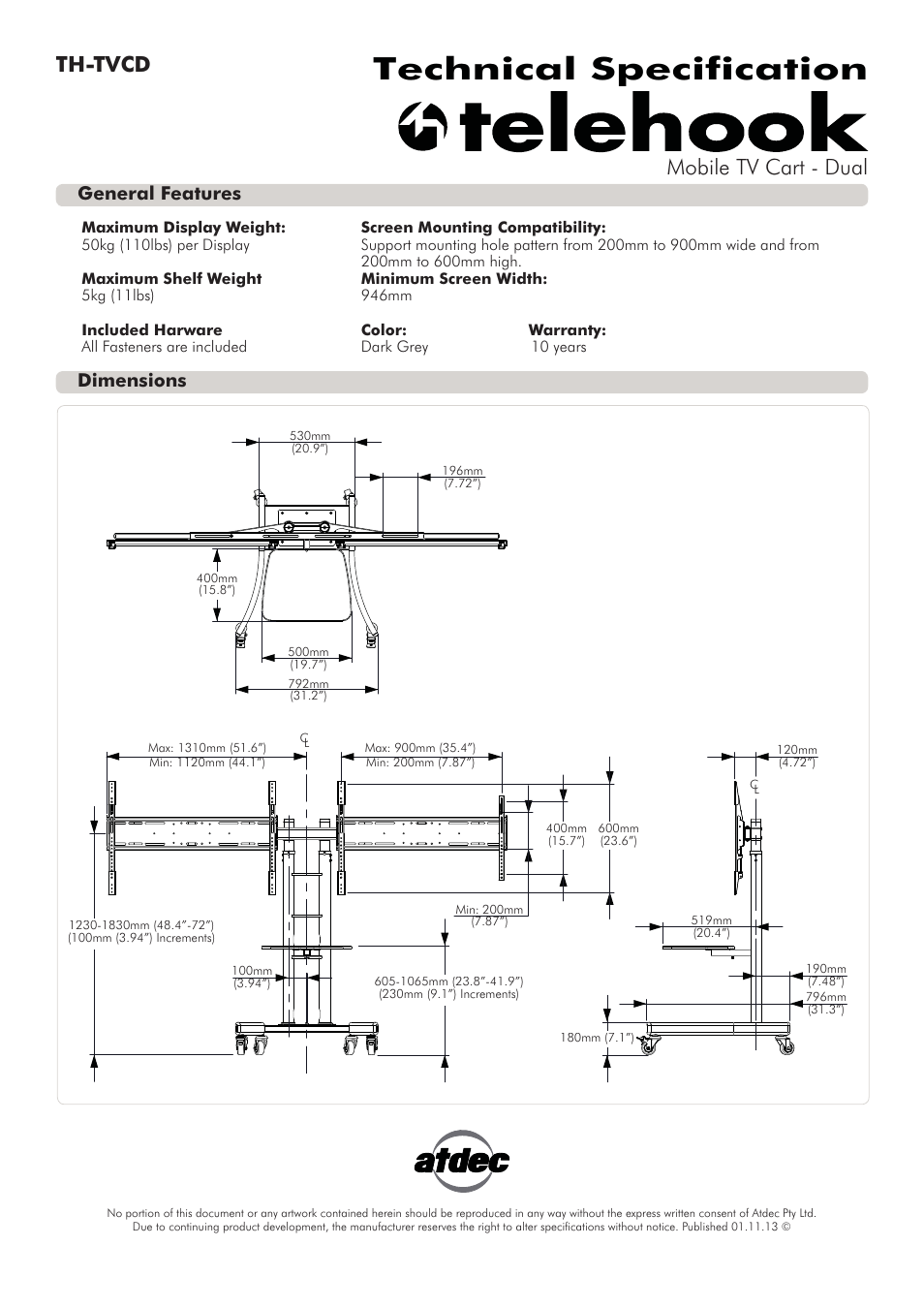 Atdec Telehook TH-TVCD Technical specs User Manual | 1 page