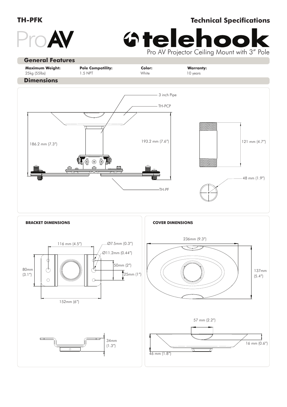 Atdec Telehook TH-PFK Technical specs User Manual | 2 pages