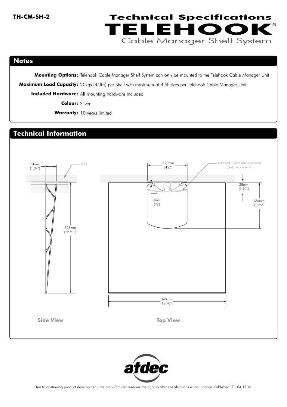 Atdec Telehook TH-CM-SH-2 Technical specs User Manual | 1 page