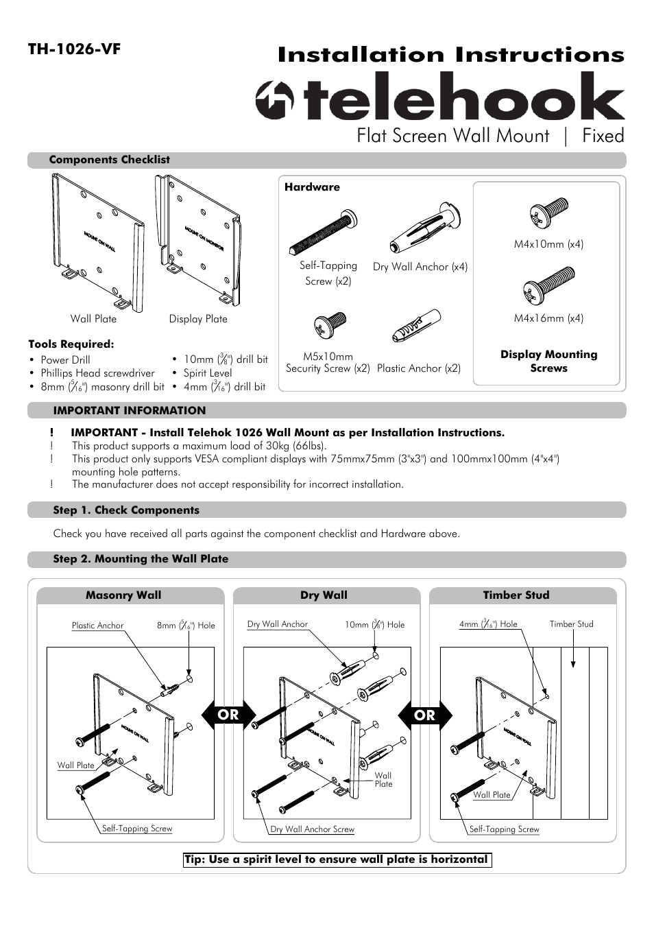 Atdec Telehook TH-1026-VF Installation manual User Manual | 2 pages