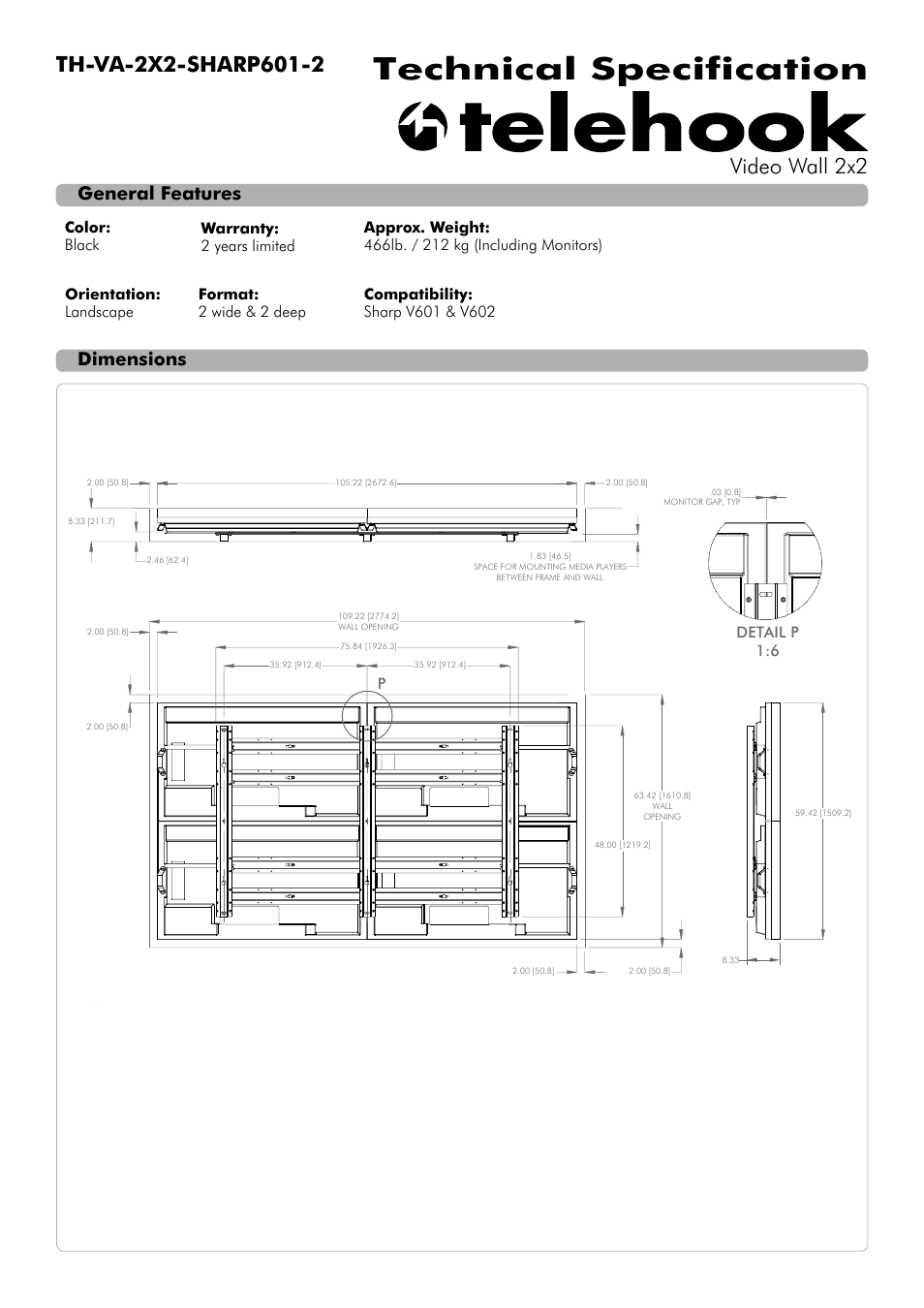Atdec Telehook TH-VA-2X2-SHARPV6012 Technical specs User Manual | 2 pages