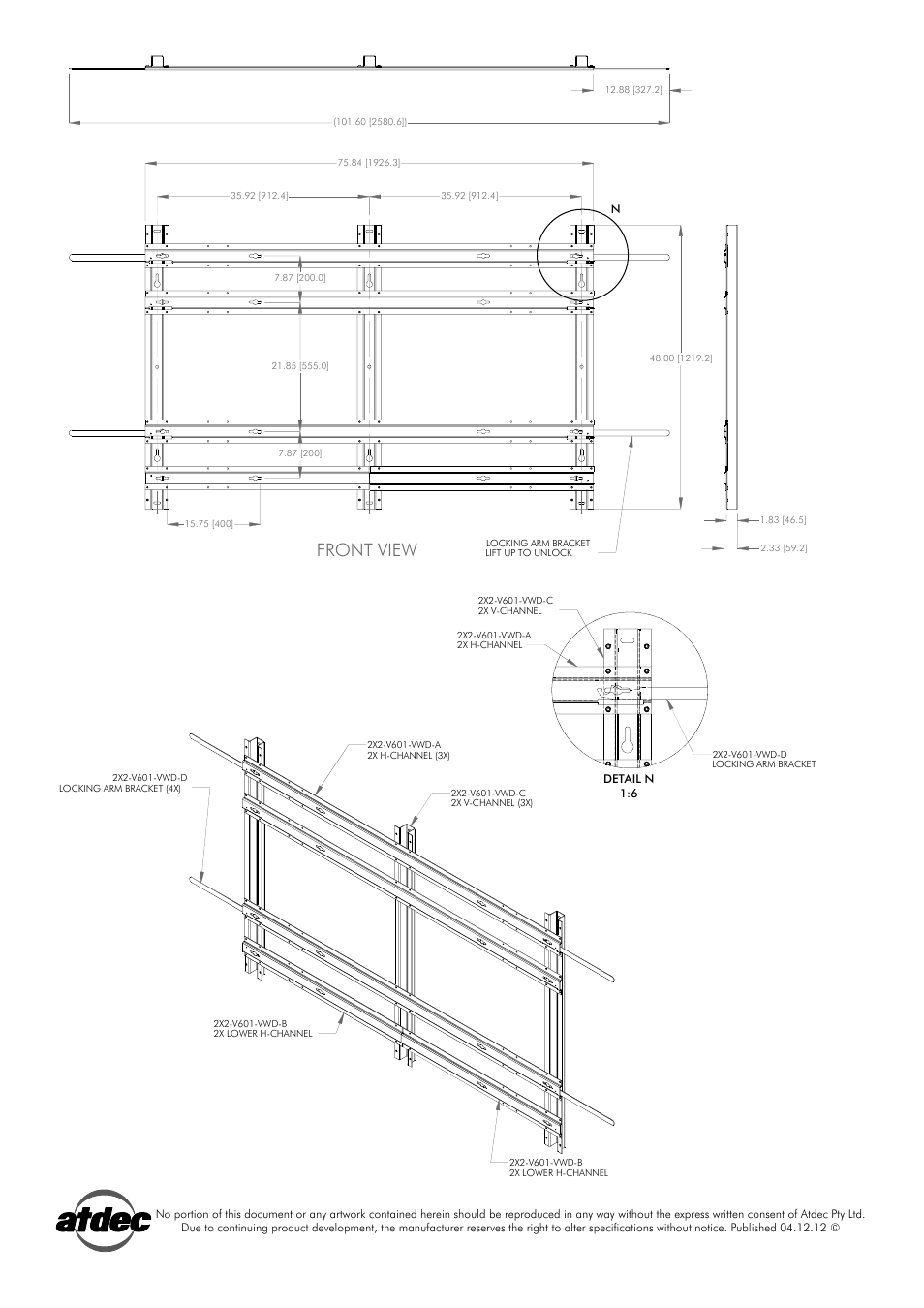 Front view | Atdec Telehook TH-VA-2X2-SHARPV6012 Technical specs User Manual | Page 2 / 2