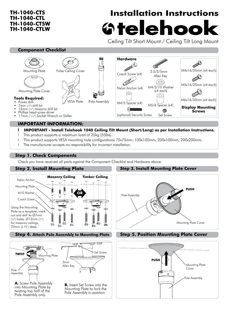 Atdec Telehook TH-1040-CTS Installation manual User Manual | 2 pages