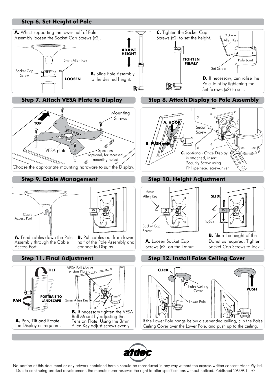 Th-1040-ct installation instructions_new_webp2, Installation complete, Step 9. cable management | Step 8. attach display to pole assembly, Step 10. height adjustment, Step 7. attach vesa plate to display, Step 11. final adjustment, Step 12. install false ceiling cover, Step 6. set height of pole | Atdec Telehook TH-1040-CTS Installation manual User Manual | Page 2 / 2