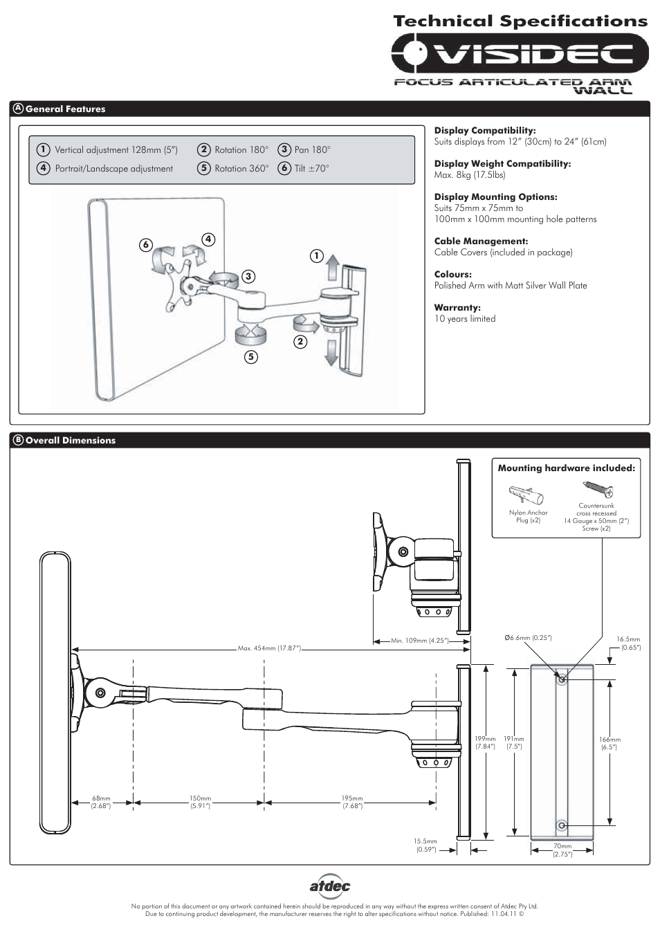 Atdec Visidec VF-AT-W Technical specs User Manual | 1 page