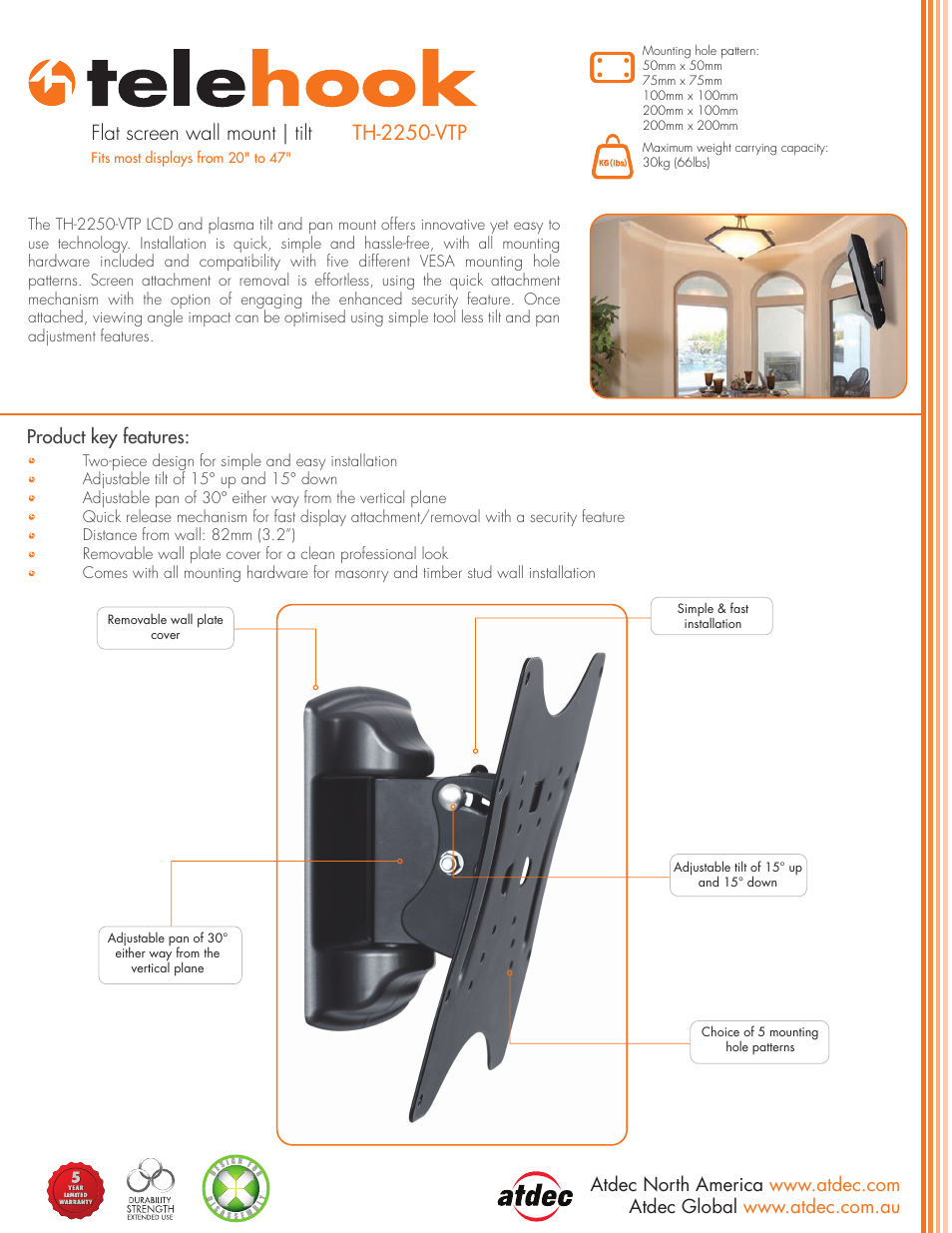 Atdec Telehook TH-2250-VTP product brochure User Manual | 2 pages