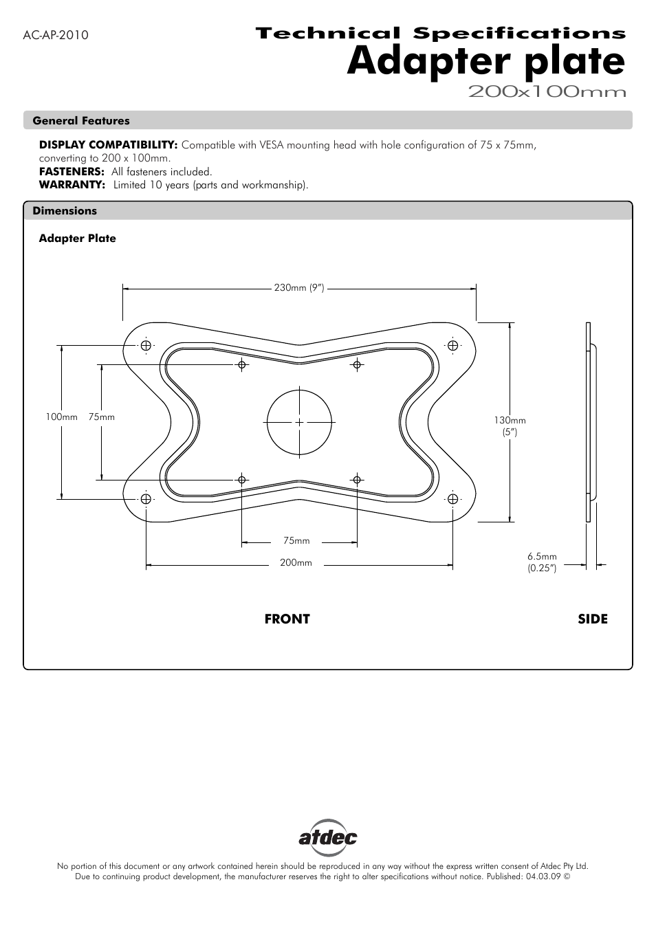 Atdec Adaptor AC-AP-2010 Technical specs User Manual | 1 page