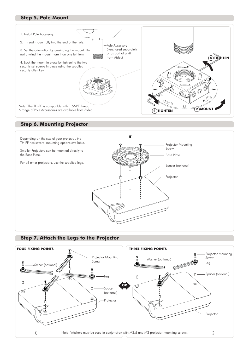 Th-pf installs_2, Step 5. pole mount, Step 7. attach the legs to the projector | Step 6. mounting projector | Atdec Telehook TH-PF Installation manual User Manual | Page 2 / 5