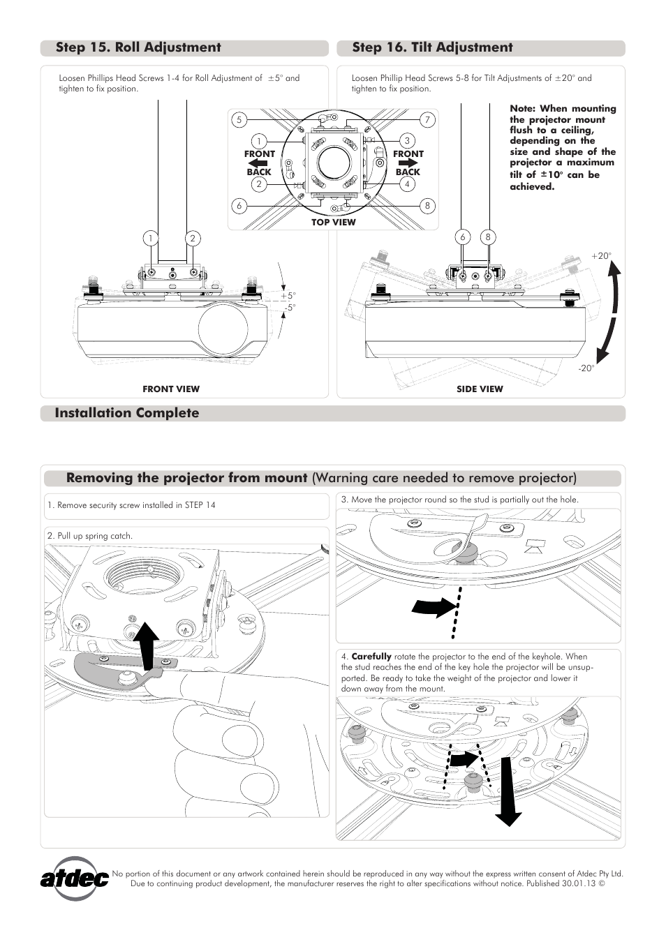 Th-pf installs_5, Installation complete, Step 15. roll adjustment step 16. tilt adjustment | Atdec Telehook TH-PF Installation manual User Manual | Page 5 / 5