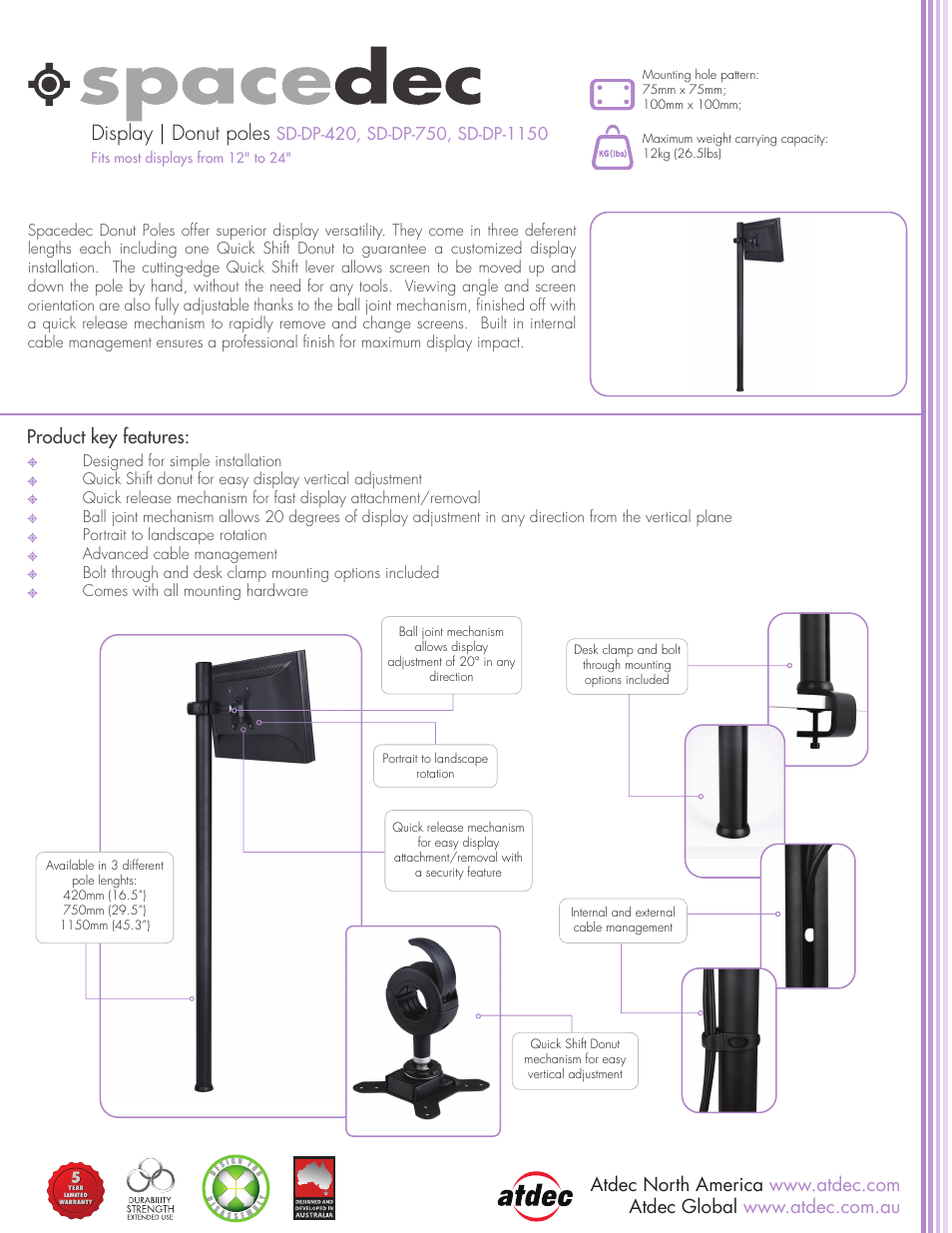 Atdec Spacedec SD-DP-750 product brochure User Manual | 2 pages