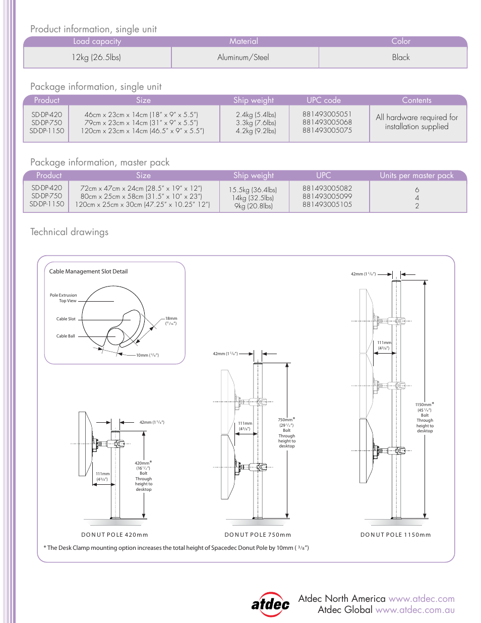 Size ship weight upc units per master pack, Black, Product | Atdec Spacedec SD-DP-750 product brochure User Manual | Page 2 / 2