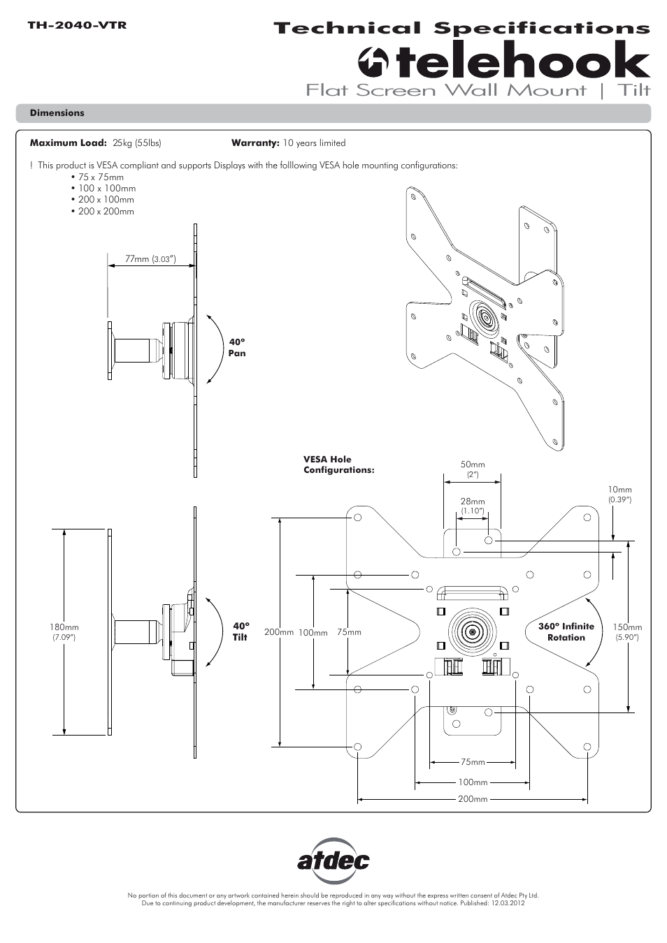 Atdec Telehook TH-2040-VTR Technical specs User Manual | 1 page