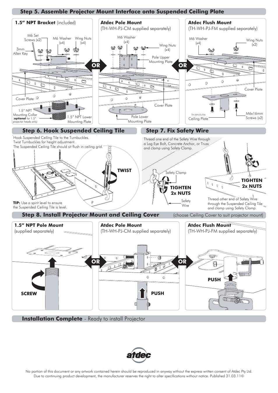 Step 6. hook suspended ceiling tile, Step 7. fix safety wire, Step 8. install projector mount and ceiling cover | Installation complete - ready to install projector | Atdec Telehook TH-PT24 Installation manual User Manual | Page 2 / 2