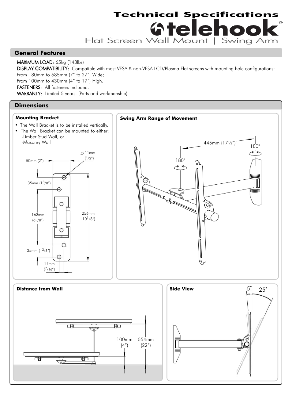 Atdec Telehook TH-31-55-SA-PK Technical specs User Manual | 2 pages