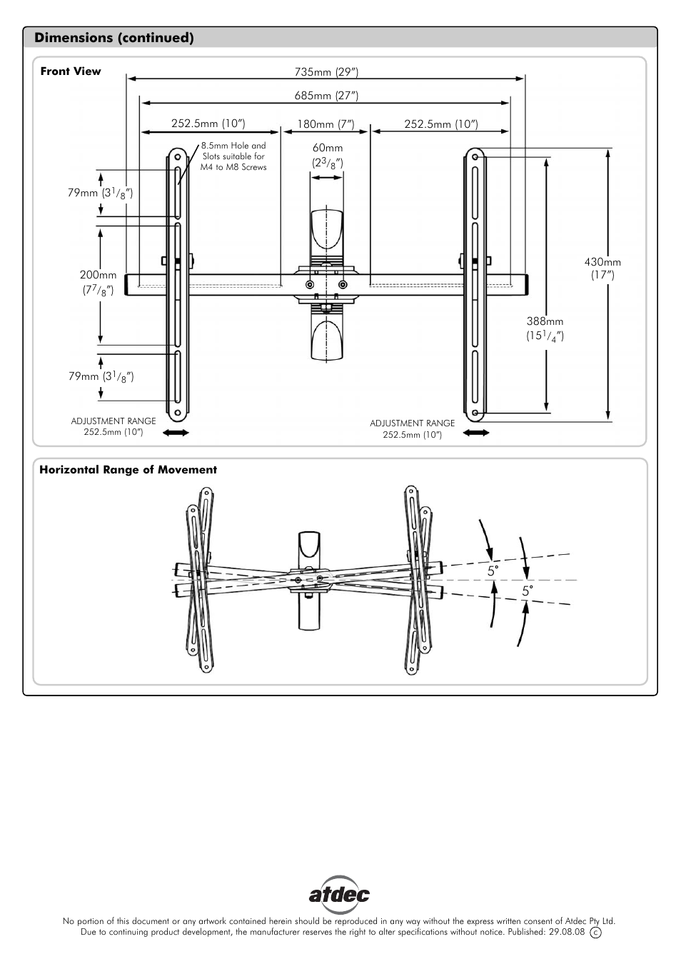 Dimensions (continued) | Atdec Telehook TH-31-55-SA-PK Technical specs User Manual | Page 2 / 2