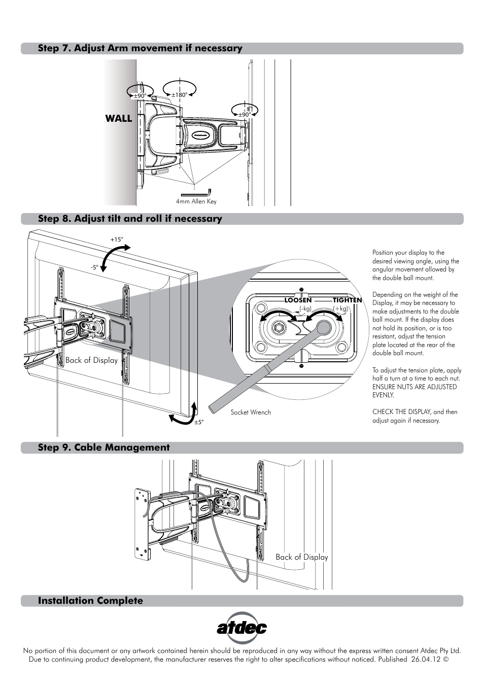 Th-2050-ufl install hi-res-03, Installation complete, Wall | Step 9. cable management | Atdec Telehook TH-2050-UFL Installation manual User Manual | Page 3 / 3