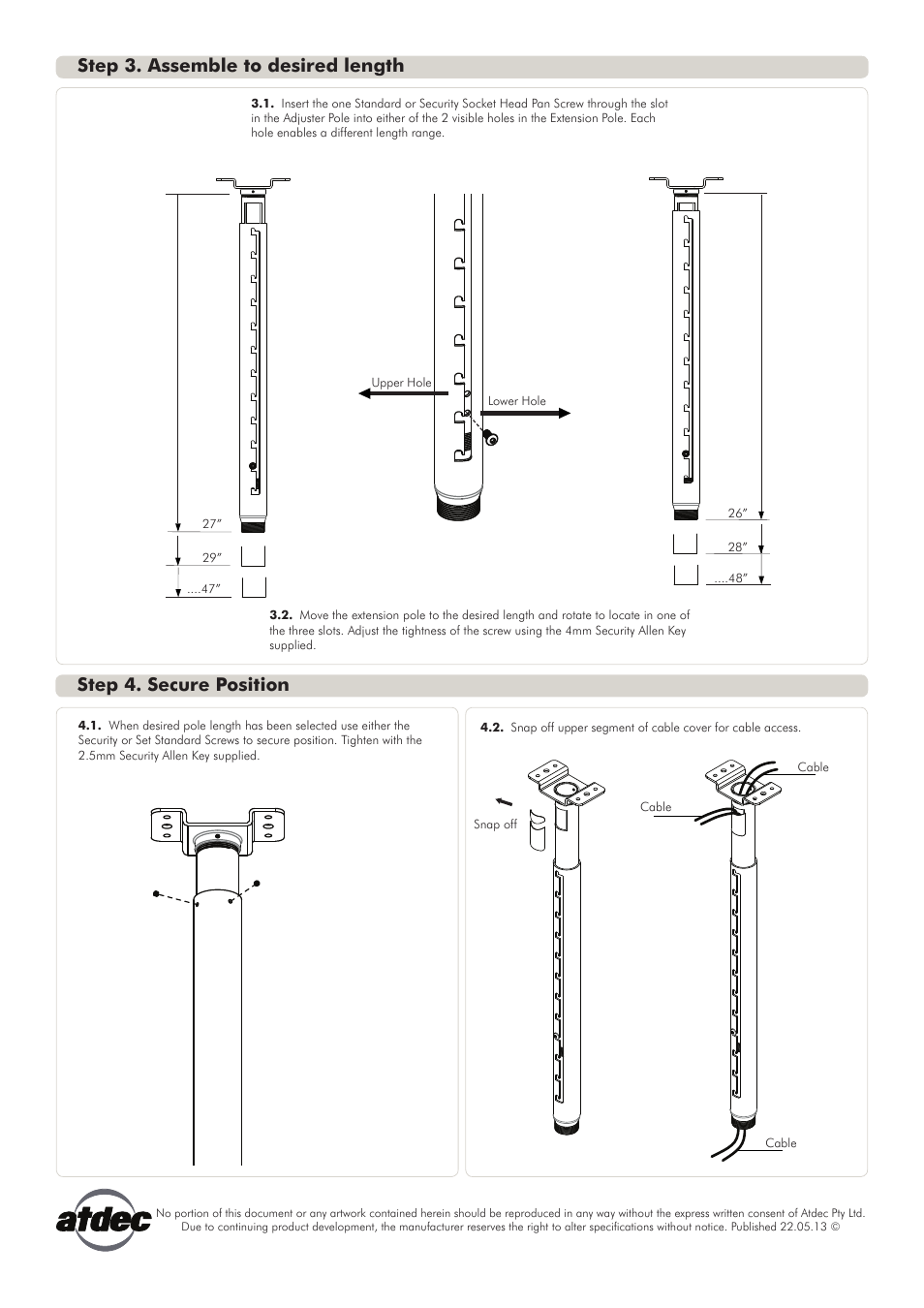 Installation instructions, Step 3. assemble to desired length, Step 4. secure position | Atdec Telehook TH-PPA-2448 Installation manual User Manual | Page 2 / 2