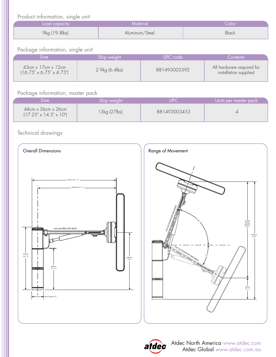 Black overall dimensions range of movement | Atdec Spacedec SD-SA-DK product brochure User Manual | Page 2 / 2