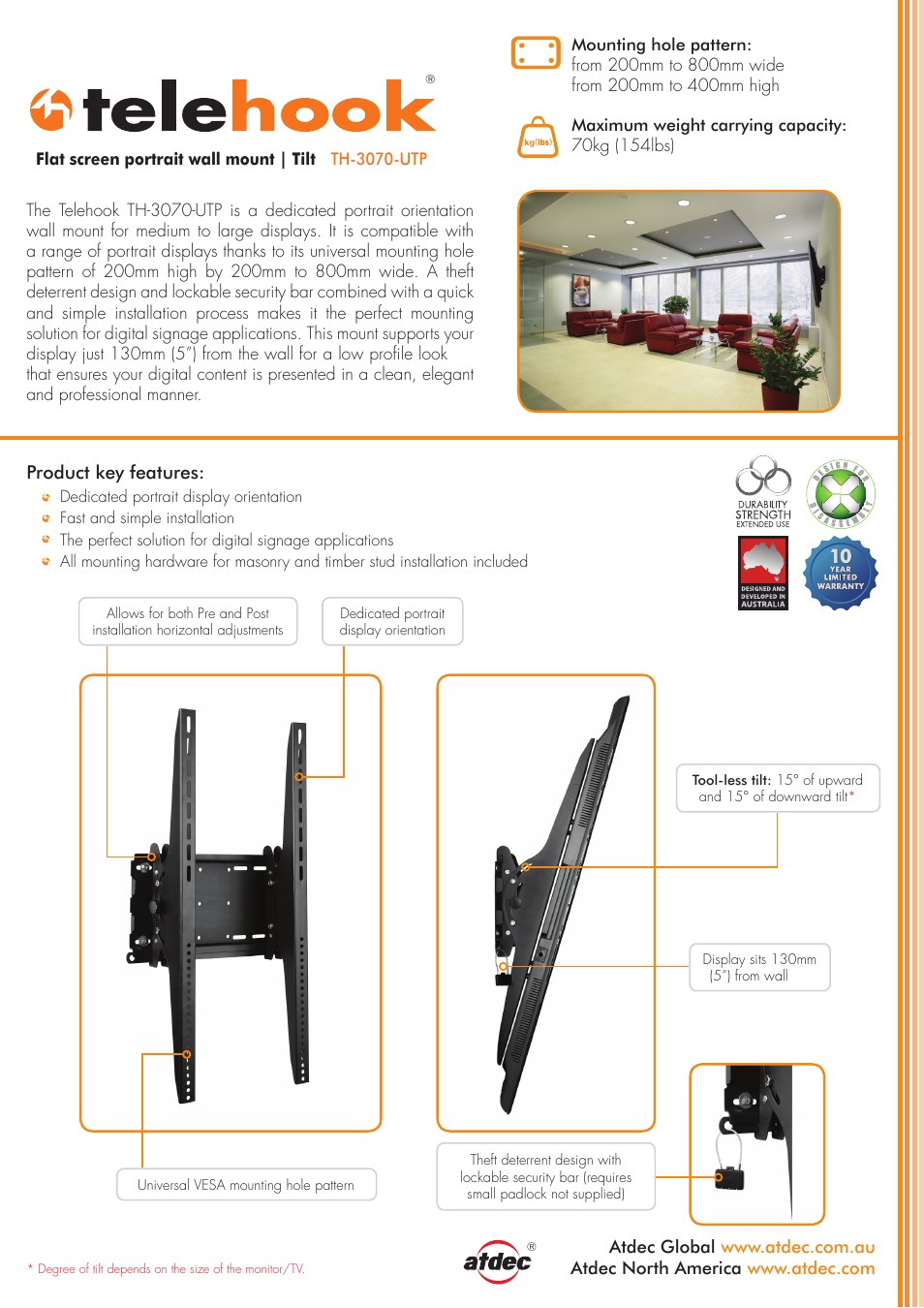 Atdec Telehook TH-3070-UTP product brochure User Manual | 2 pages