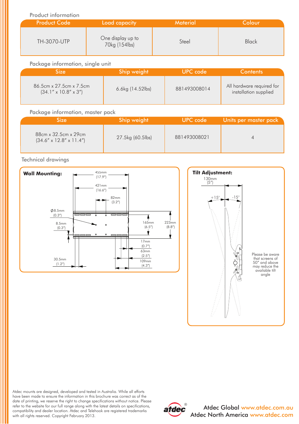 Technical specification, Th-3070-utp flat screen portrait wall mount | tilt, General features dimensions | Steel, Black, Technical drawings | Atdec Telehook TH-3070-UTP product brochure User Manual | Page 2 / 2