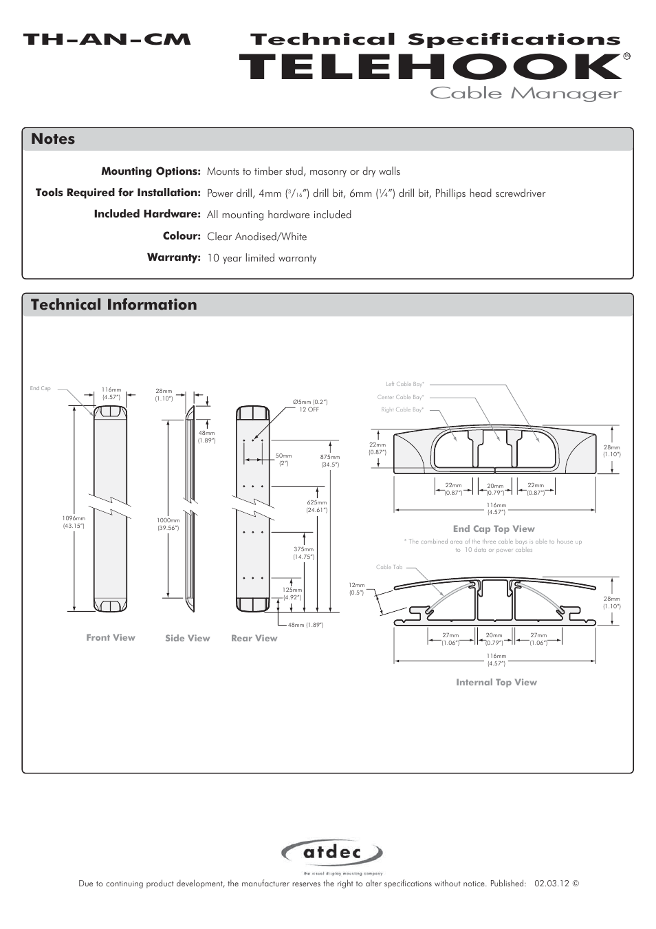 Atdec Telehook TH-AN-CM Technical specs User Manual | 1 page