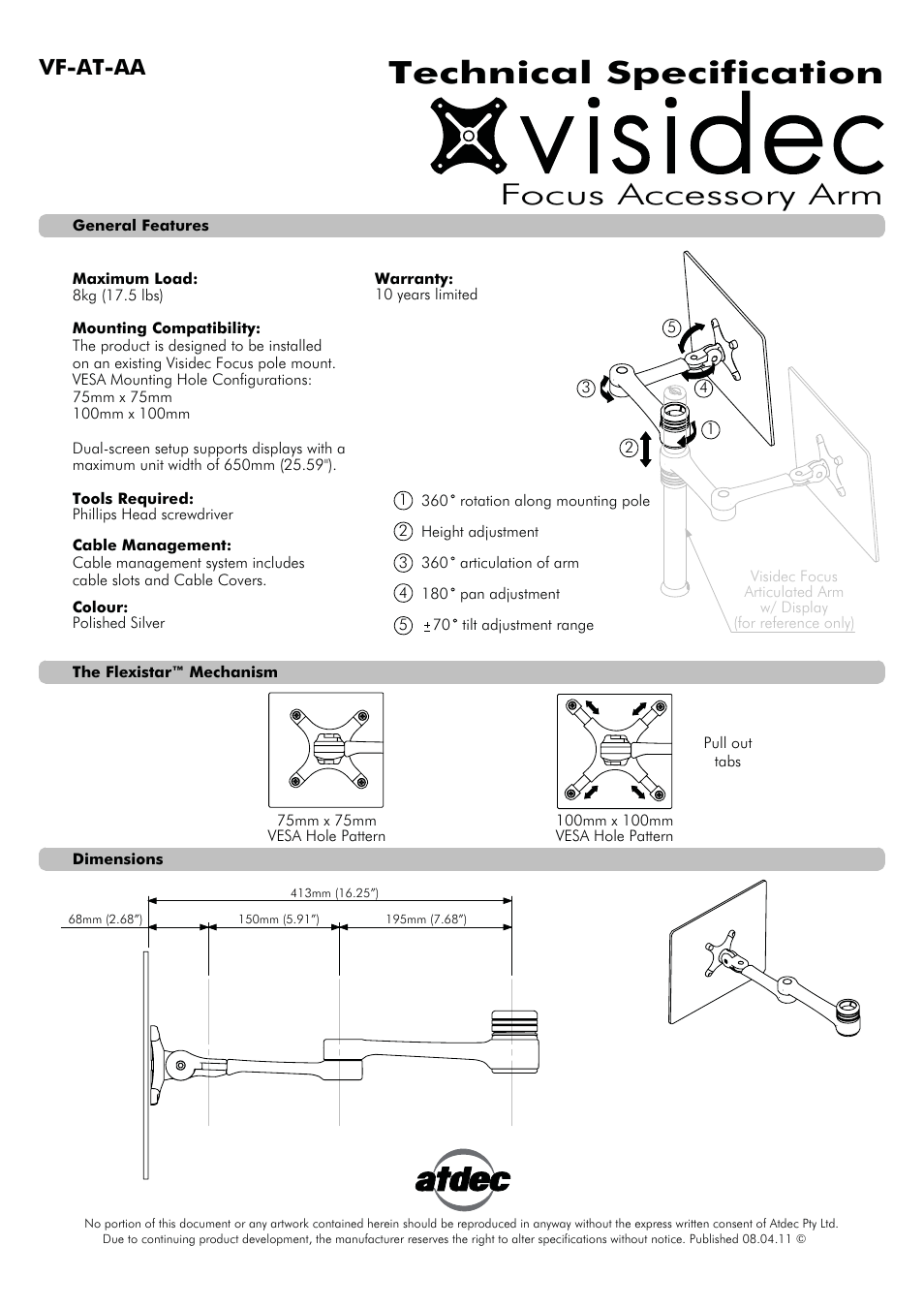 Atdec Visidec VF-AT-AA Technical specs User Manual | 1 page