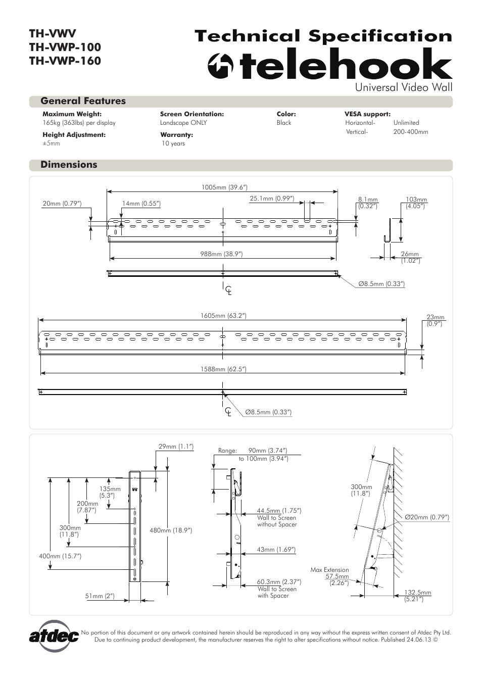 Atdec Telehook TH-VWP-100 Technical specs User Manual | 1 page
