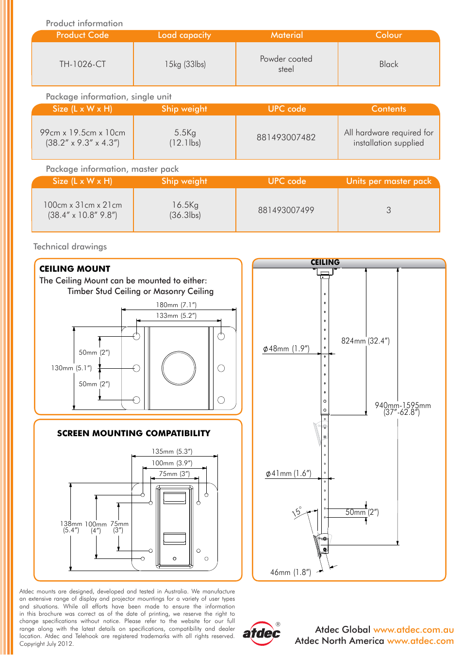 Technical specification, Th-1026-ct, Ceiling tilt mount | General features, Dimensions | Atdec Telehook TH-1026-CT product brochure User Manual | Page 2 / 2