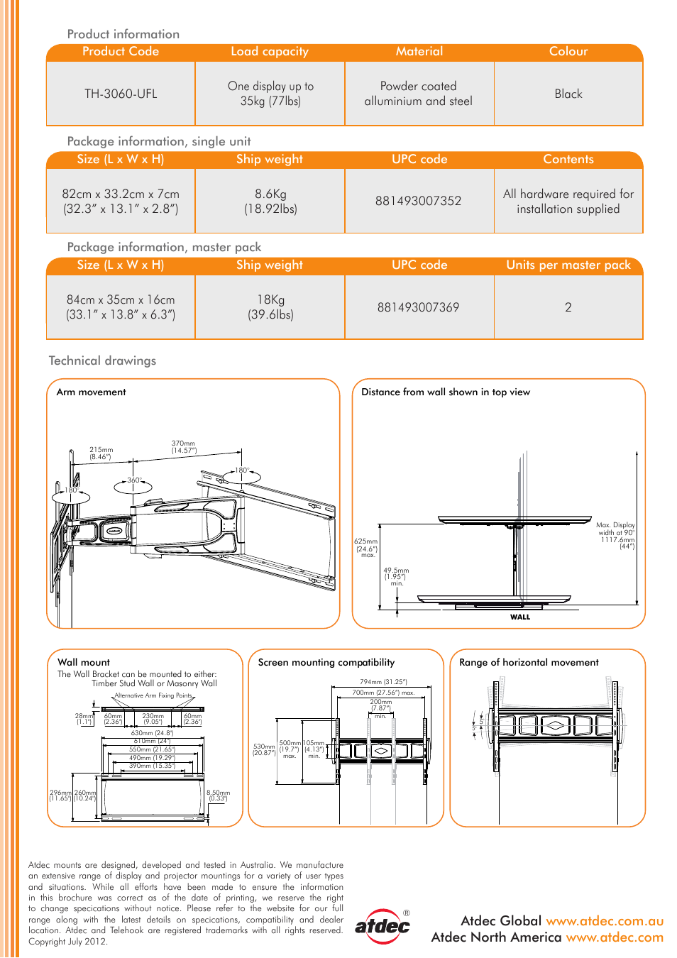 Package information, master pack, Technical drawings | Atdec Telehook TH-3060-UFL product brochure User Manual | Page 2 / 2