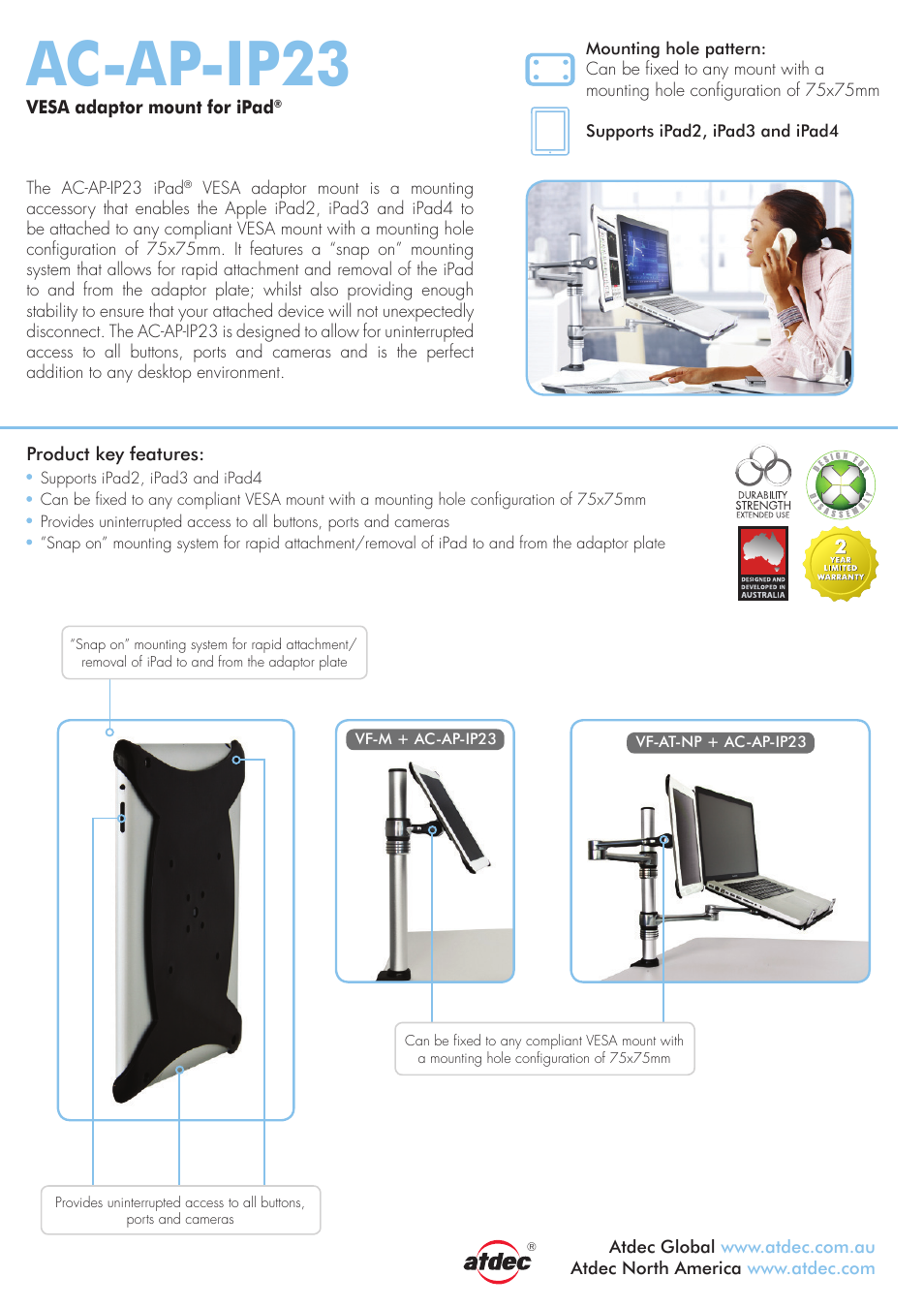 Atdec Adaptor AC-AP-IP23 product brochure User Manual | 2 pages