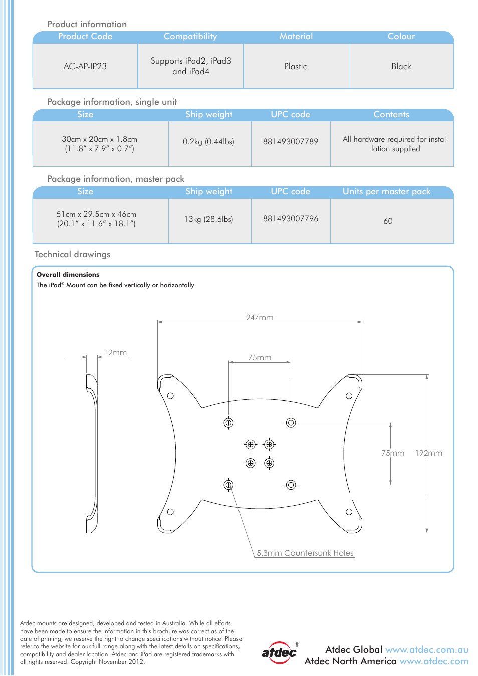 Ac-ap-ip23_final p2, Ipad, Mount | Technical specifications | Atdec Adaptor AC-AP-IP23 product brochure User Manual | Page 2 / 2