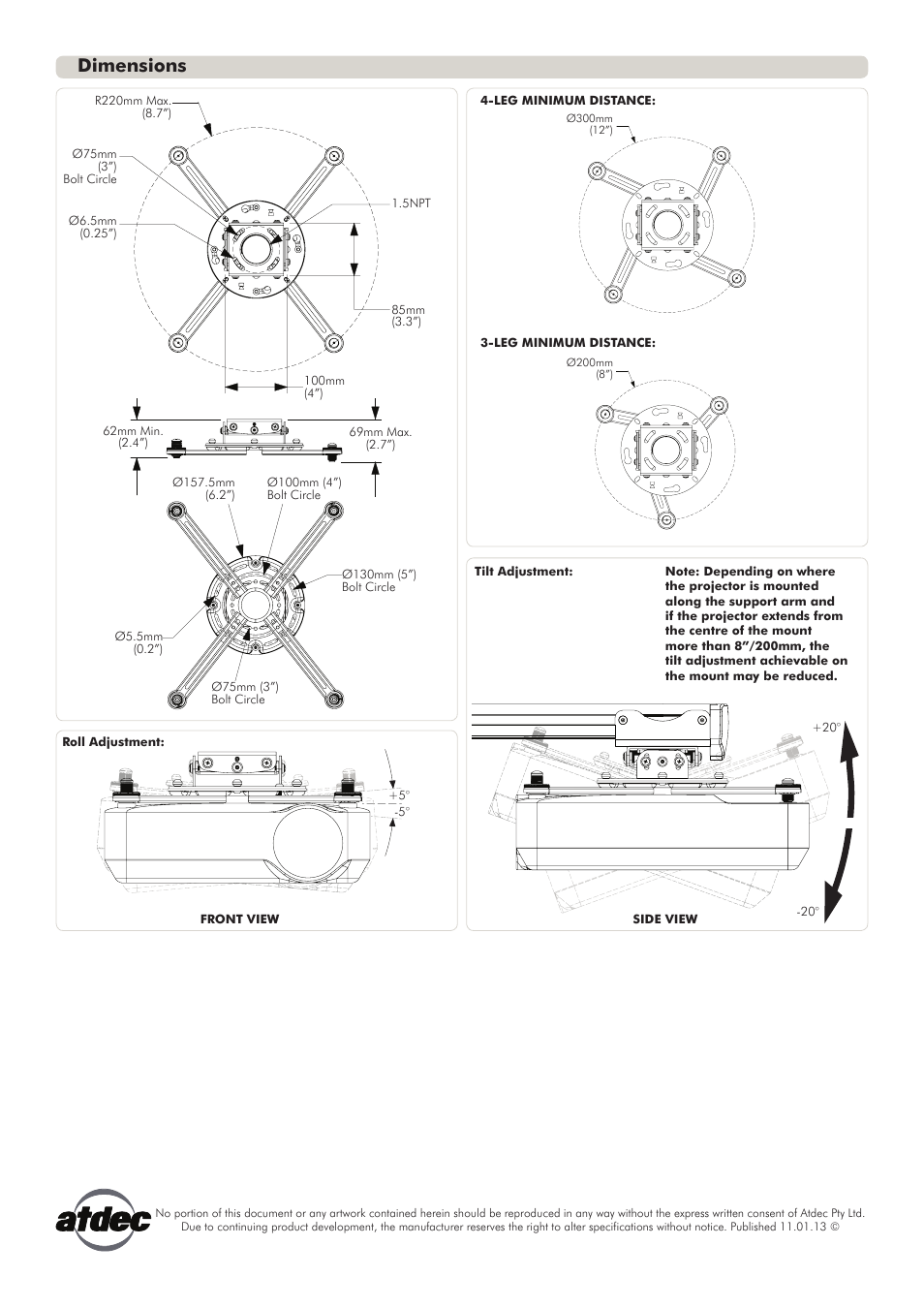 Technical specifications, Dimensions | Atdec Telehook TH-PS-D Technical specs User Manual | Page 2 / 2