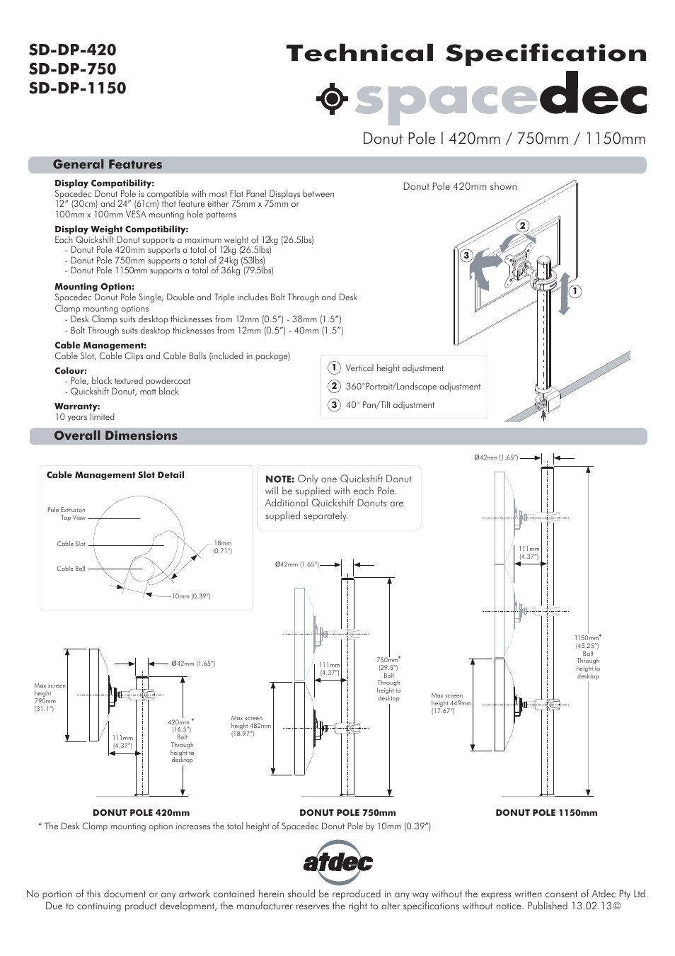 Atdec Spacedec SD-DP-1150 Technical specs User Manual | 1 page
