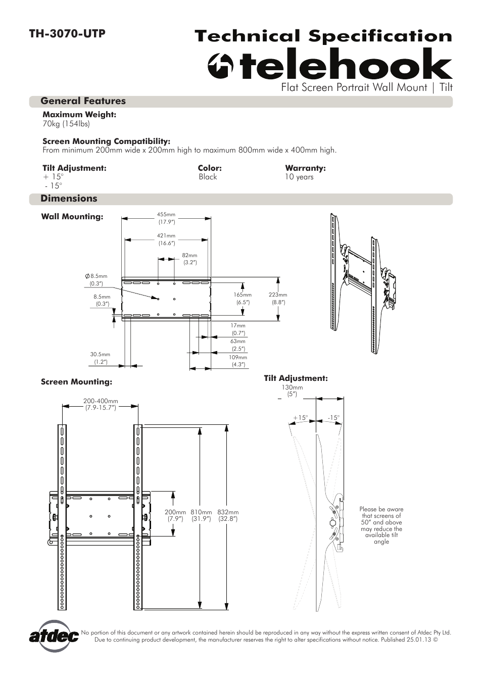 Atdec Telehook TH-3070-UTP Technical specs User Manual | 1 page