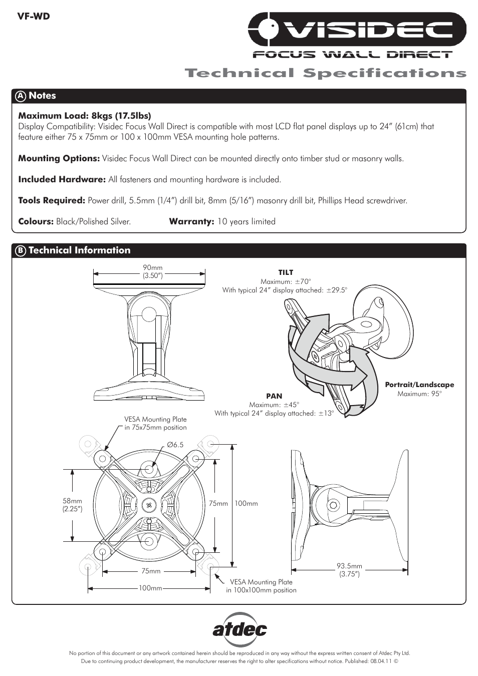 Atdec Visidec VF-WD Technical specs User Manual | 1 page