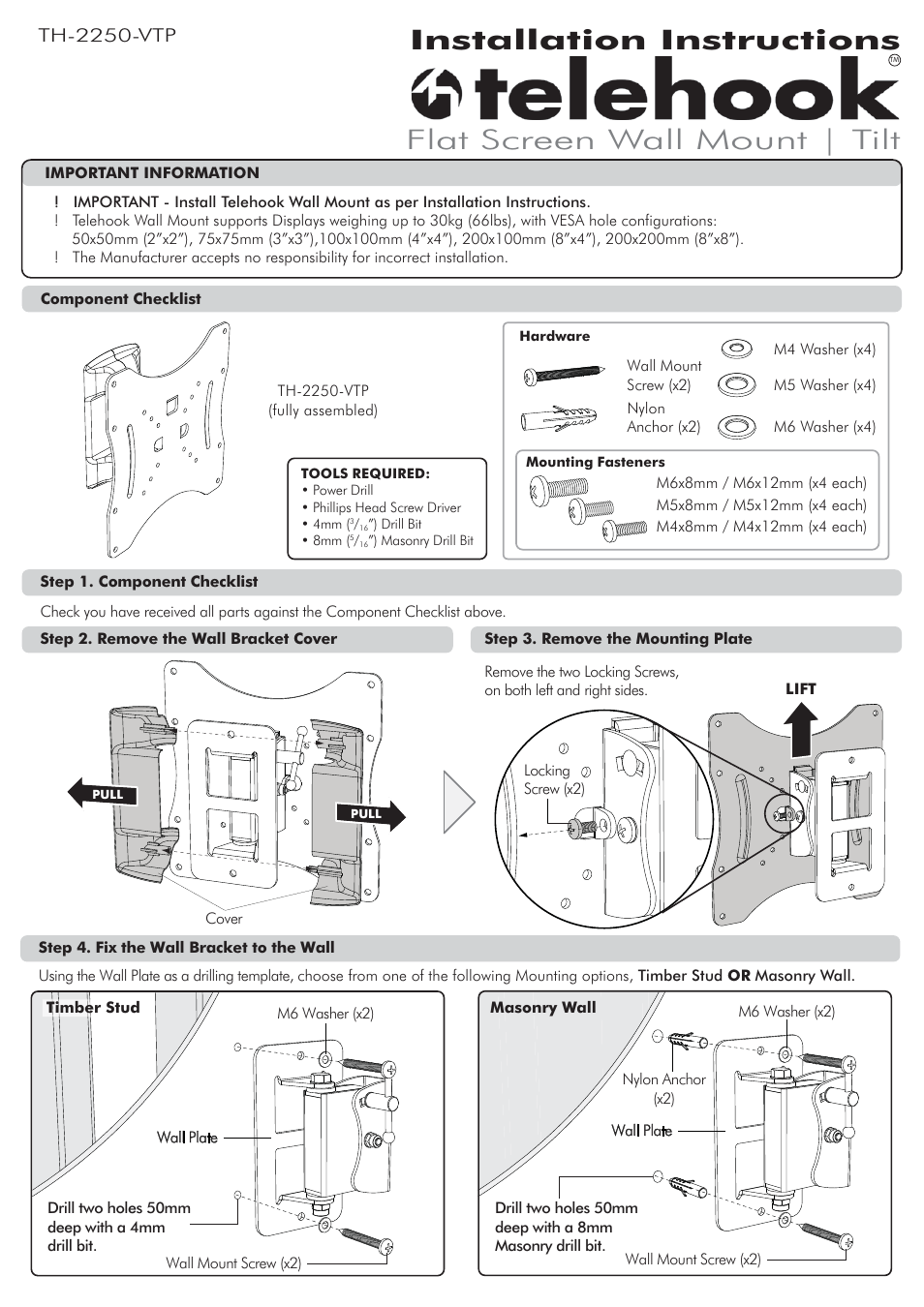 Atdec Telehook TH-2250-VTP Installation manual User Manual | 2 pages