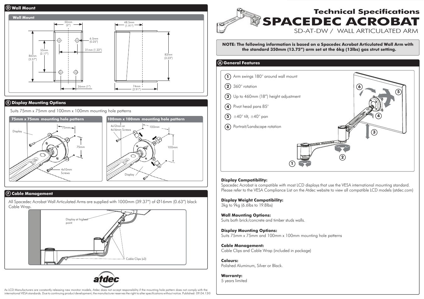 Atdec Spacedec SD-AT-DW Technical specs User Manual | 2 pages