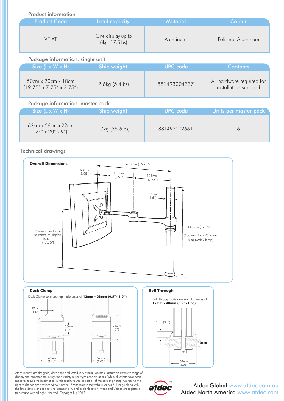 Atdec Visidec VF-AT product brochure User Manual | Page 2 / 2