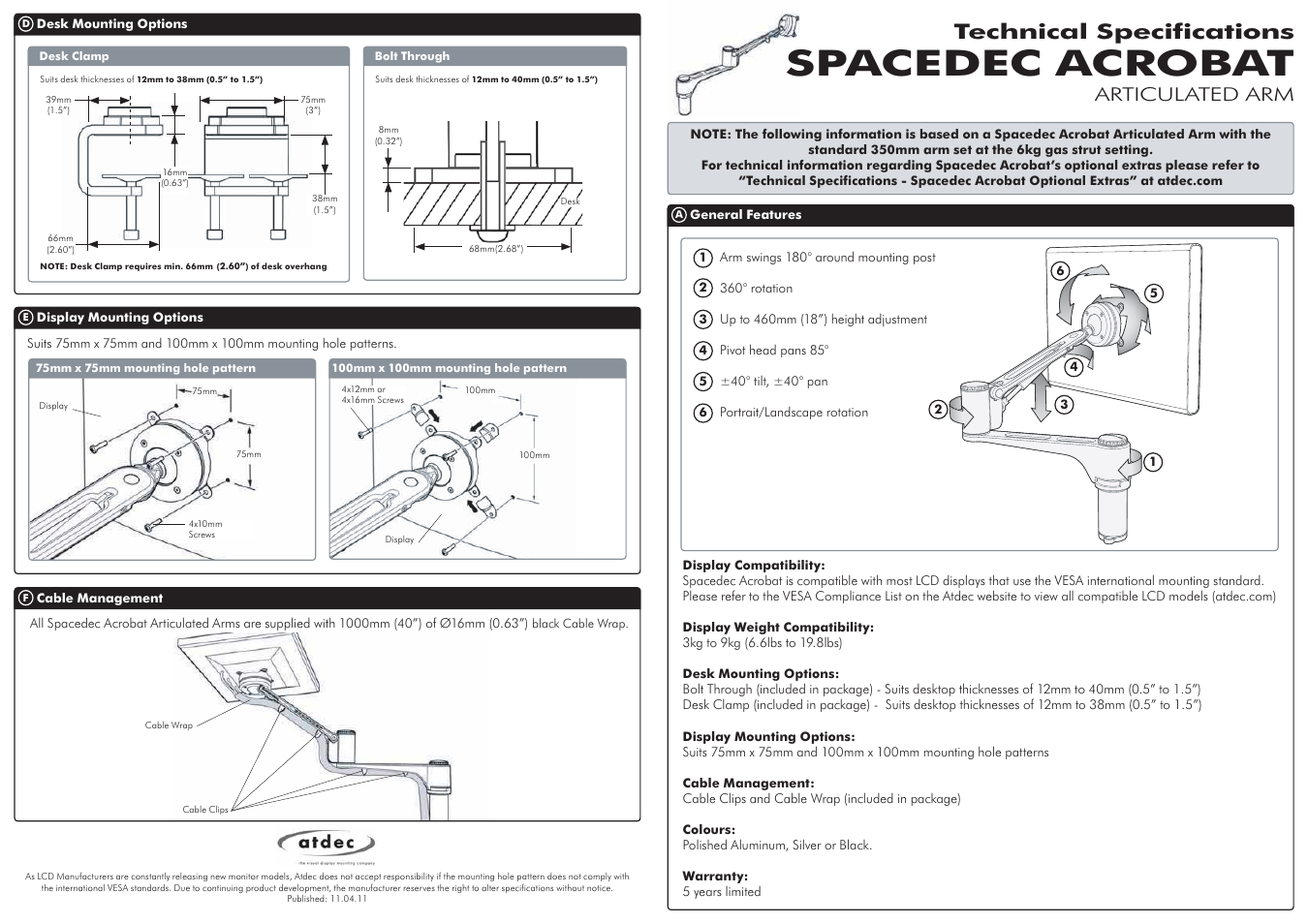 Atdec Spacedec SD-AT-DK Technical specs User Manual | 2 pages