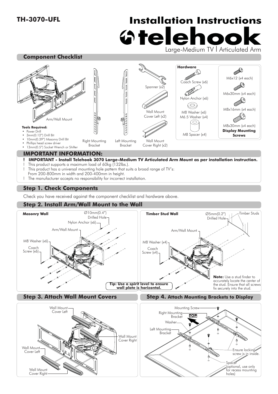 Atdec Telehook TH-3070-UFL Installation manual User Manual | 2 pages