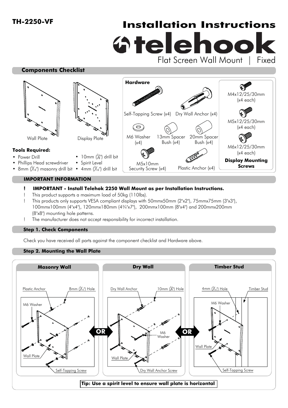 Atdec Telehook TH-2250-VF Installation manual User Manual | 2 pages