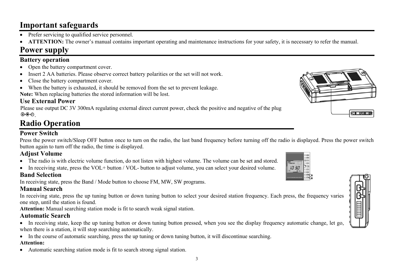 Important safeguards, Power supply, Radio operation | Hyundai H-1613 User Manual | Page 3 / 13