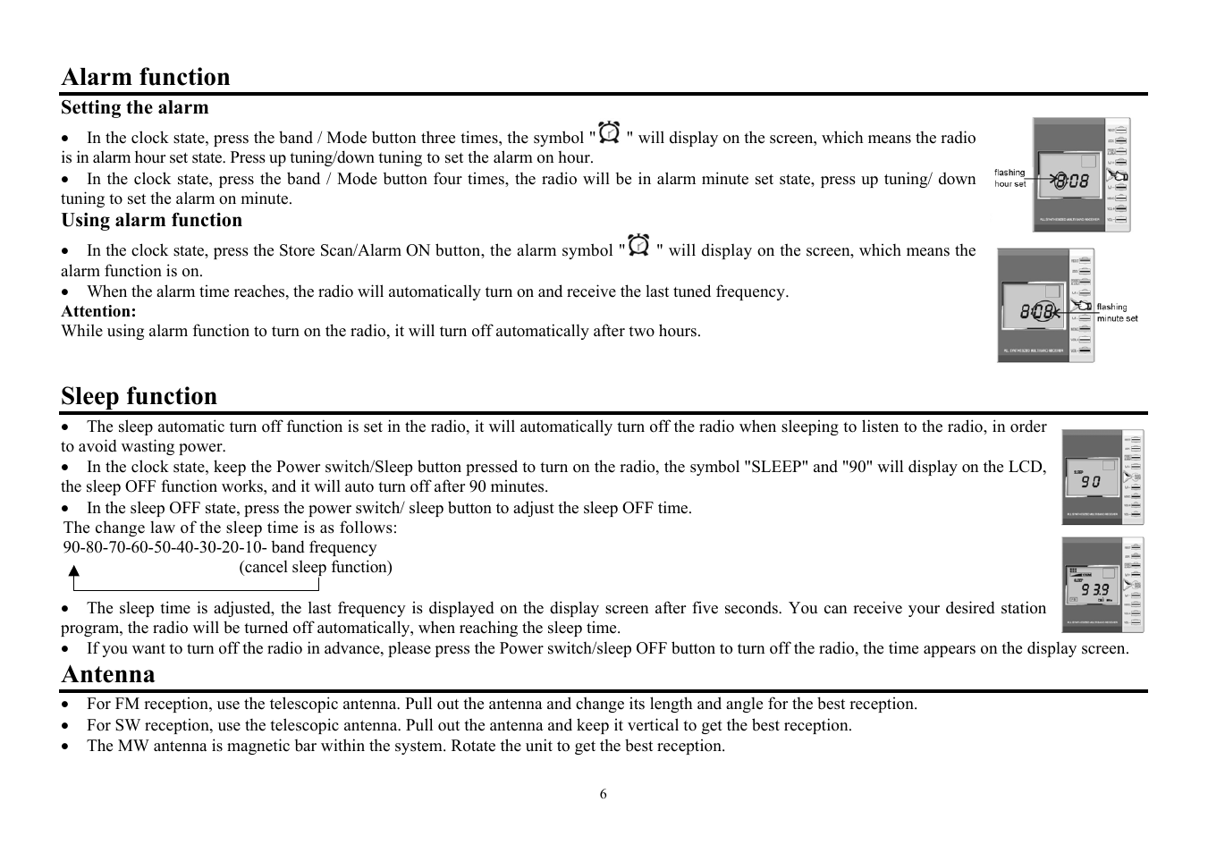 Alarm function, Sleep function, Antenna | Hyundai H-1613 User Manual | Page 6 / 13