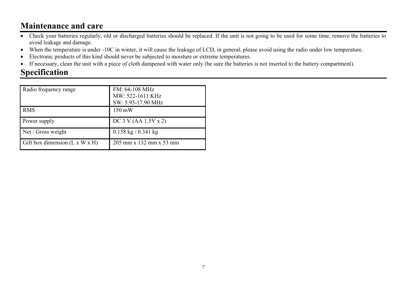 Maintenance and care, Specification | Hyundai H-1613 User Manual | Page 7 / 13