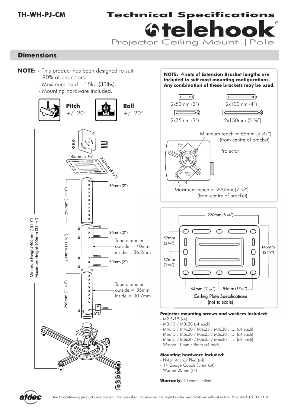 Atdec Telehook TH-WH-PJ-CM Technical specs User Manual | 1 page