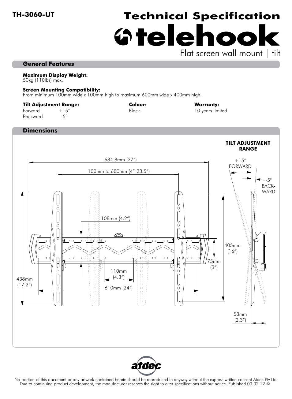 Atdec Telehook TH-3060-UT Technical specs User Manual | 1 page