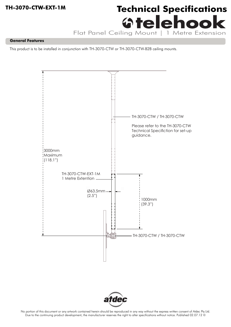 Atdec Telehook TH-3070-CTW-EXT-1M Technical specs User Manual | 1 page